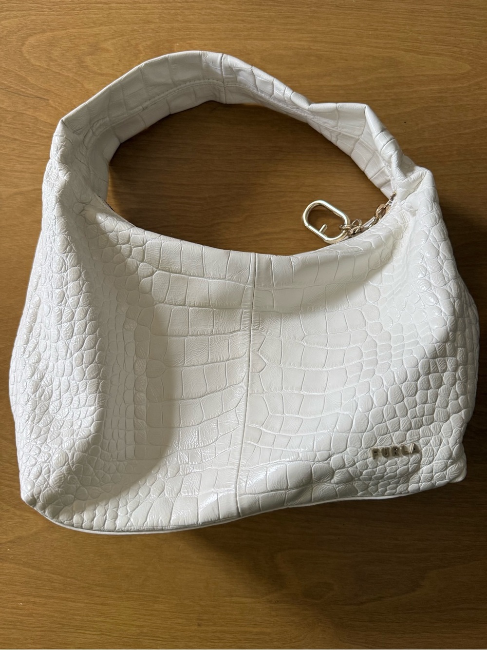 Furla White Croc-Embossed Shoulder Bag with Gold Hardware